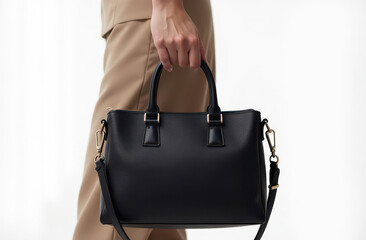 Female hand carrying black handbag against neutral background