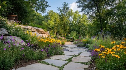Enchanting garden with colorful flowers and a stone pathway