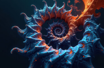 Vibrant fractal spiral with blue and orange patterns in abstract art