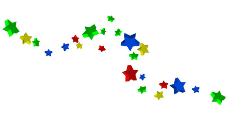 Volumetric blue, yellow, red and green stars are scattered on a white background. Festive background