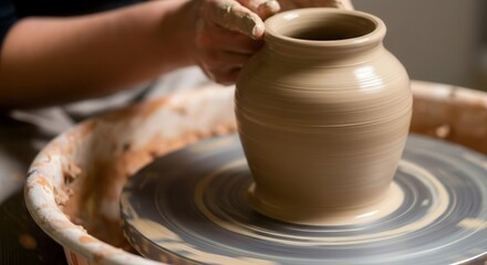 Potter shaping ceramic vase on wheel in workshop