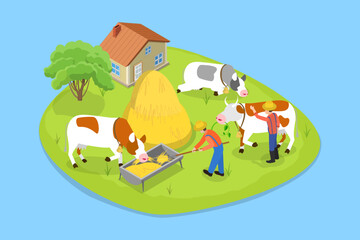 Obraz premium 3D Isometric Flat Vector Illustration of Rural Countryside, Agricultural Worker Providing Sustenance To Livestock