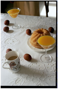 preparing the table for Easter, eggs, cake, juice