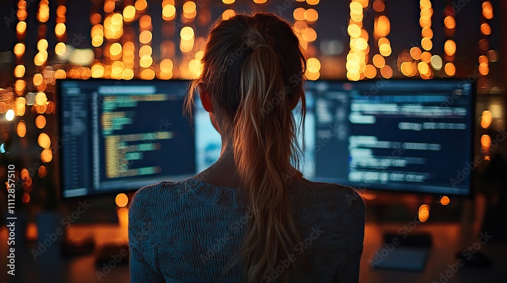 Poster young caucasian woman programming on desktop computer with two monitors setup in spacious office female software developer creating saas platform for businesses in innovative start up compan