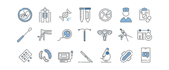 Gynecology clinic line icons set. Contraceptive coil, curette, speculum, embryo, ultrasound, menstruation calendar, sanitary pad, colposcope, women's health vector illustration. Editable Stroke
