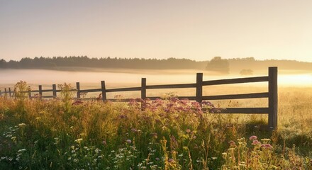 Fototapeta premium Serene sunrise misty rural landscape with wooden fence wildflowers