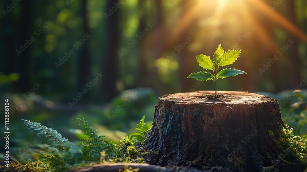Poster young tree emerging from old tree stump in forest nature concep
