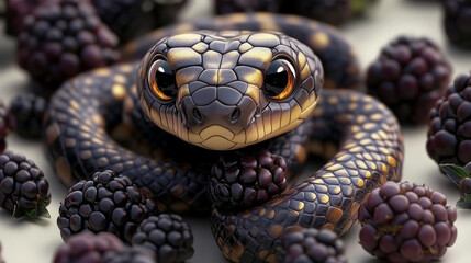 Fototapeta premium wallpaper cute black and yellow snake in berries, background, wallpaper
