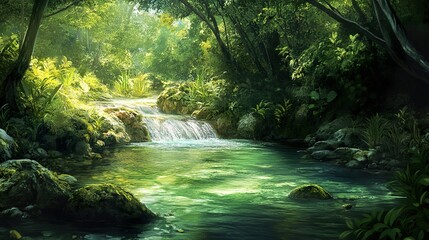 Naklejka premium Crystal-clear river flowing through a lush green forest