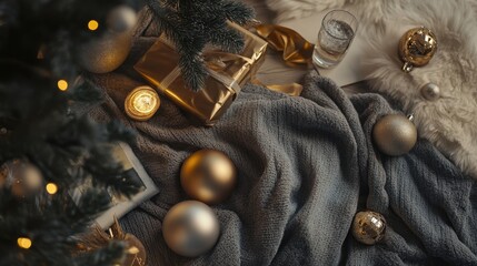 Cozy Christmas scene with a golden gift box, candles, baubles, and a knit blanket under a Christmas tree