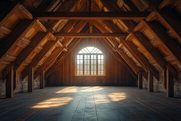 Sunlit Attic Room With Wooden Beams And Window