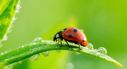 Fototapeta premium Ladybug on dew-covered green leaf in nature
