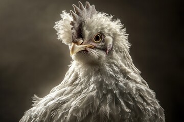 A portrait of a fancy chicken with frizzy white and silver feathers, highlighted by a soft backlight that emphasizes its intricate textures.