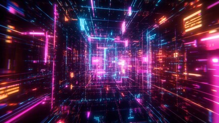 Neon Grid Tunnel - Futuristic Digital Data Stream