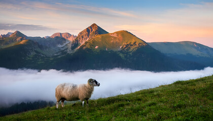 Obraz premium In the enchanting Tatra Mountains, a curious sheep grazes peacefully in the vibrant green meadows, surrounded by majestic peaks as the sun sets, painting the sky with warm hues