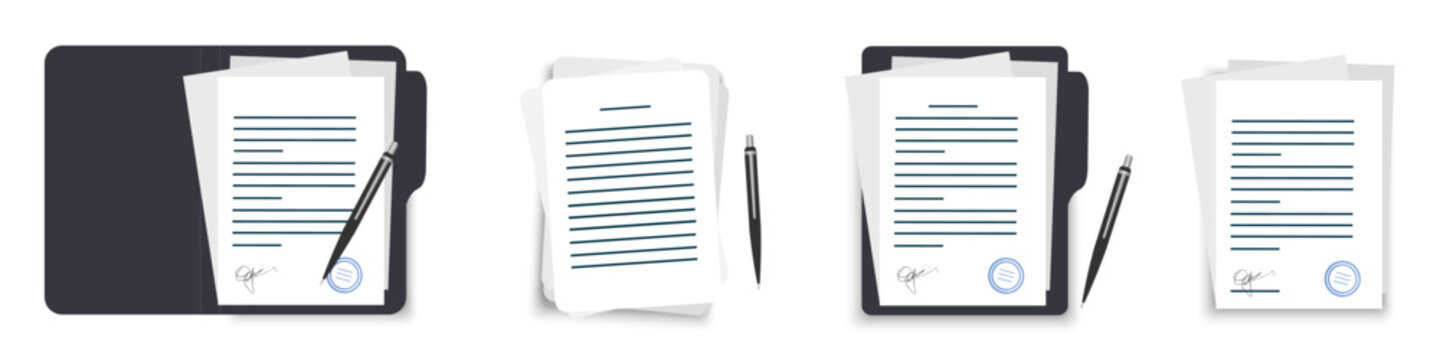 Folder with documents and pen. Insurance, conclusion of a contract. Sheets of paper with stamp and text.  Flat tablet, personal case.
Concept for paperwork, business documents.Vector