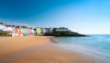 Obraz premium In Tenby, vibrant rows of painted houses overlook a tranquil sandy beach, where gentle waves lap against the shore beneath a clear blue sky, evoking a dreamlike getaway
