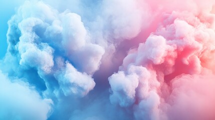 Fototapeta premium Fluffy cloud textures display glowing edges against a soft pastel gradient of blue and pink, creating a dreamy atmosphere for relaxation. Generative AI