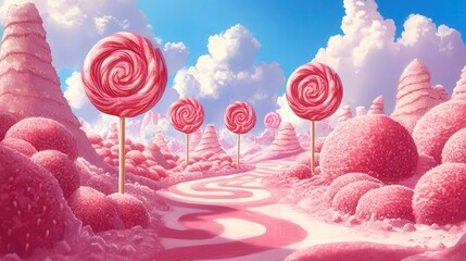 whimsical pink candy land featuring giant lollipops in digital painting