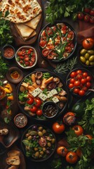 Fototapeta premium Fresh culinary spread featuring assorted vegetables, meats, and herbs on a rustic wooden table