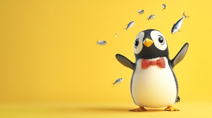 Obraz premium A cute cartoon penguin wearing a red bowtie catches fish on a yellow background.