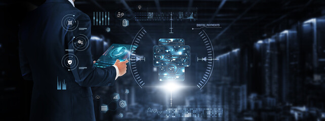 Digital Payments: Businessman control and monitoring digital payments technology system on digital screen. Security, efficiency, transaction speed, fraud prevention, mobile integration.