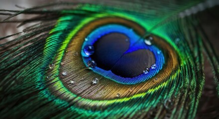 Fototapeta premium Vibrant peacock feather with water droplets close-up