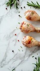 Freshly seasoned chicken drumsticks ready for cooking on a marble countertop