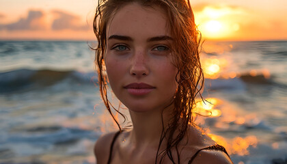 close-up of a young girl with wet hair on the beach during a beautiful sea sunset