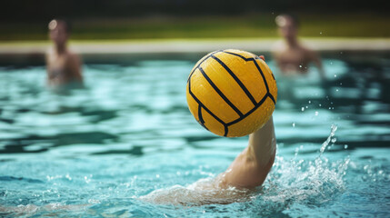 Focused athlete holding water polo ball during competitive pool match