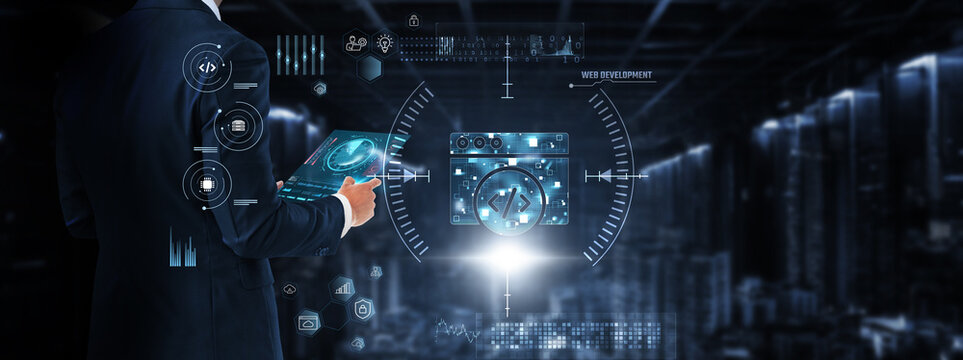 Web Development: Businessman controls and monitors web development technology system on digital screen. UI/UX design, responsive layouts, front-end coding, back-end integration, SEO optimization.