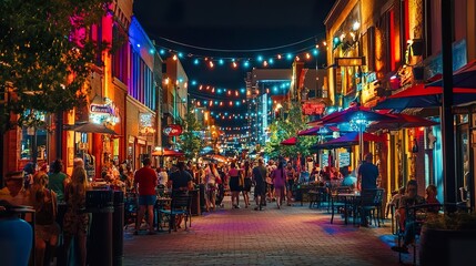 A vibrant nightlife scene in a city, with illuminated streets, lively crowds, and outdoor dining.