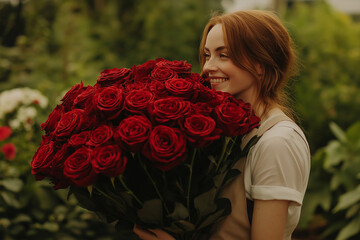 Porträt einer lächelnden Floristin mit einem großen, üppigen Strauß roter Rosen. Die Szene ist in einem grünen, natürlichen Hintergrund eingebettet, was eine romantische und frische Atmosphäre schafft