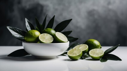 Fresh limes and lime halves arranged in a bowl with green leaves on a dark background.