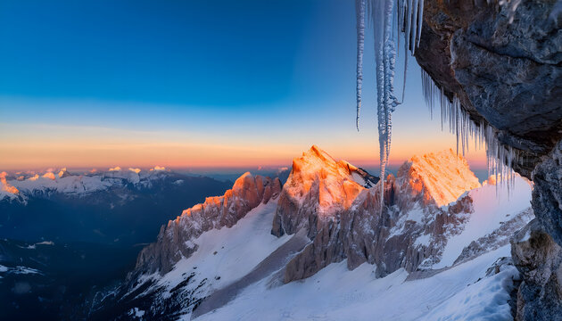 Icicles hang dramatically from a rocky ledge, shimmering in the warm glow of a sunset over the Zugspitze. Snow-covered peaks extend into the horizon, creating a peaceful winter landscape