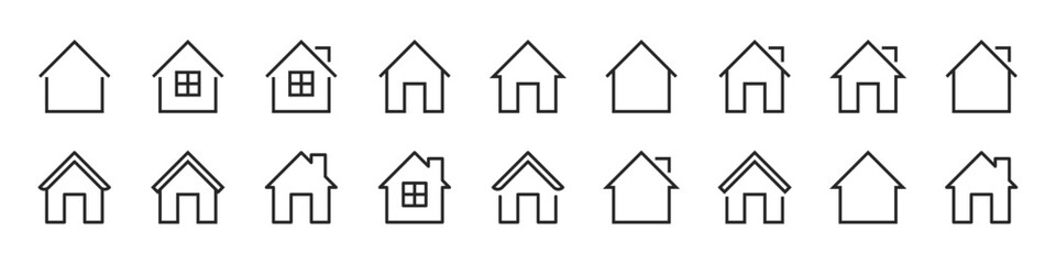 Huge black outlined illustration collection of house home real state properties. Vector icons in flat style