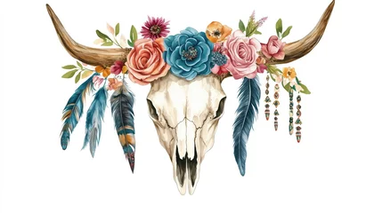  Bohemian Cow Skull And Feather: Western Mammals Boho Hipster Deer Print With Antlers, Flowers, And Feathers On White Background. Hand Drawn Ethnic Themed Decoration. © Andrii