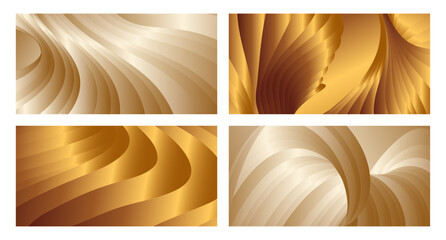 Wavy golden parallel gradient lines, ribbons, silk. Golden with shades of yellow background, banner, poster. Set of 4 backgrounds. Eps vector