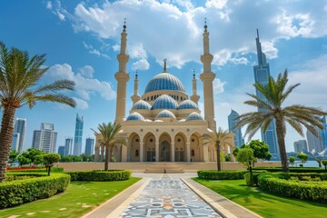 Naklejka premium Sharjah Mosque Largest in UAE Islamic landmark for tourists.