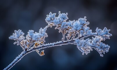 A close-up view of a frost-covered branch against a blurred dark background.