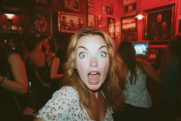 a candid shot of a surprised woman with wide eyes and open mouth in a lively bar filled with warm light and people
