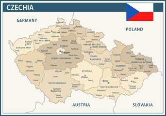 Obraz premium Czechia Map Vector Vintage Dark Blue Beige - Customizable layered political map of Czech Republic with administrative divisions for website, education, reports, news, politics, print, poster