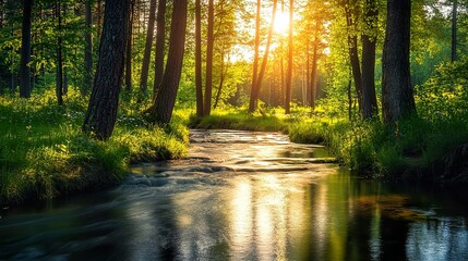 Obraz premium A tranquil nature scene with a flowing river, surrounded by tall trees and the sounds of birds chirping.