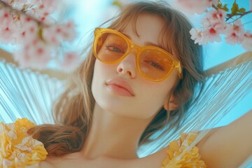 Fototapeta premium Woman wearing yellow sunglasses and a yellow dress
