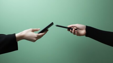 Two hands exchanging a sleek black smartphone against a clean green background, symbolizing communication, connection, and technology in a minimalist and contemporary style.