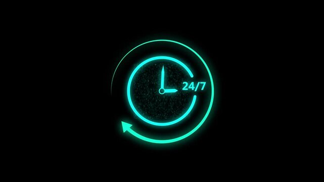 Glowing Rewind Time icon isolated on black background. 