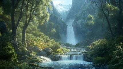 A tranquil mountain stream flowing through a lush forest, surrounded by greenery and the sound of nature.