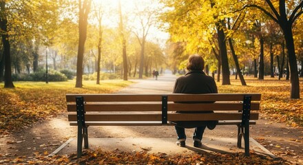 Serene autumn park bench scene with person enjoying golden foliage