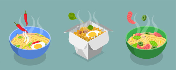 3D Isometric Flat Vector Set of Ramen Bowls, Chinese And Japanese Noodles