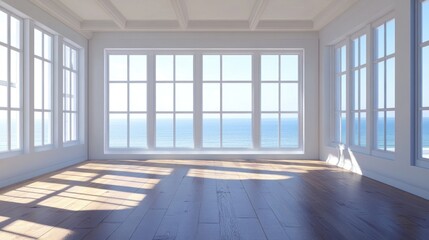 Fototapeta premium Sunlit Room with Ocean View: A Serene Coastal Escape